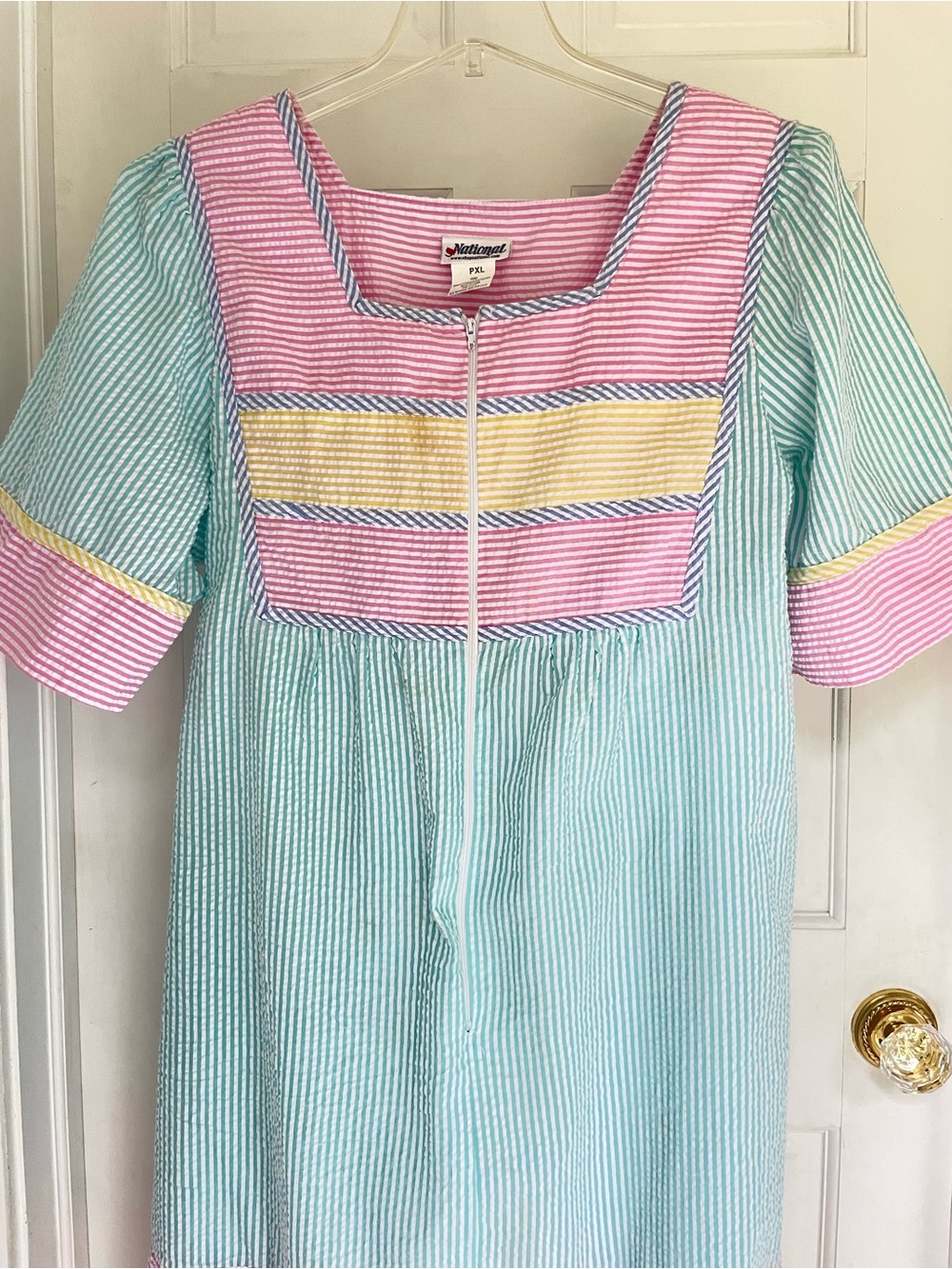 Seersucker Casual Dress in Mint, Pink & Yellow by National